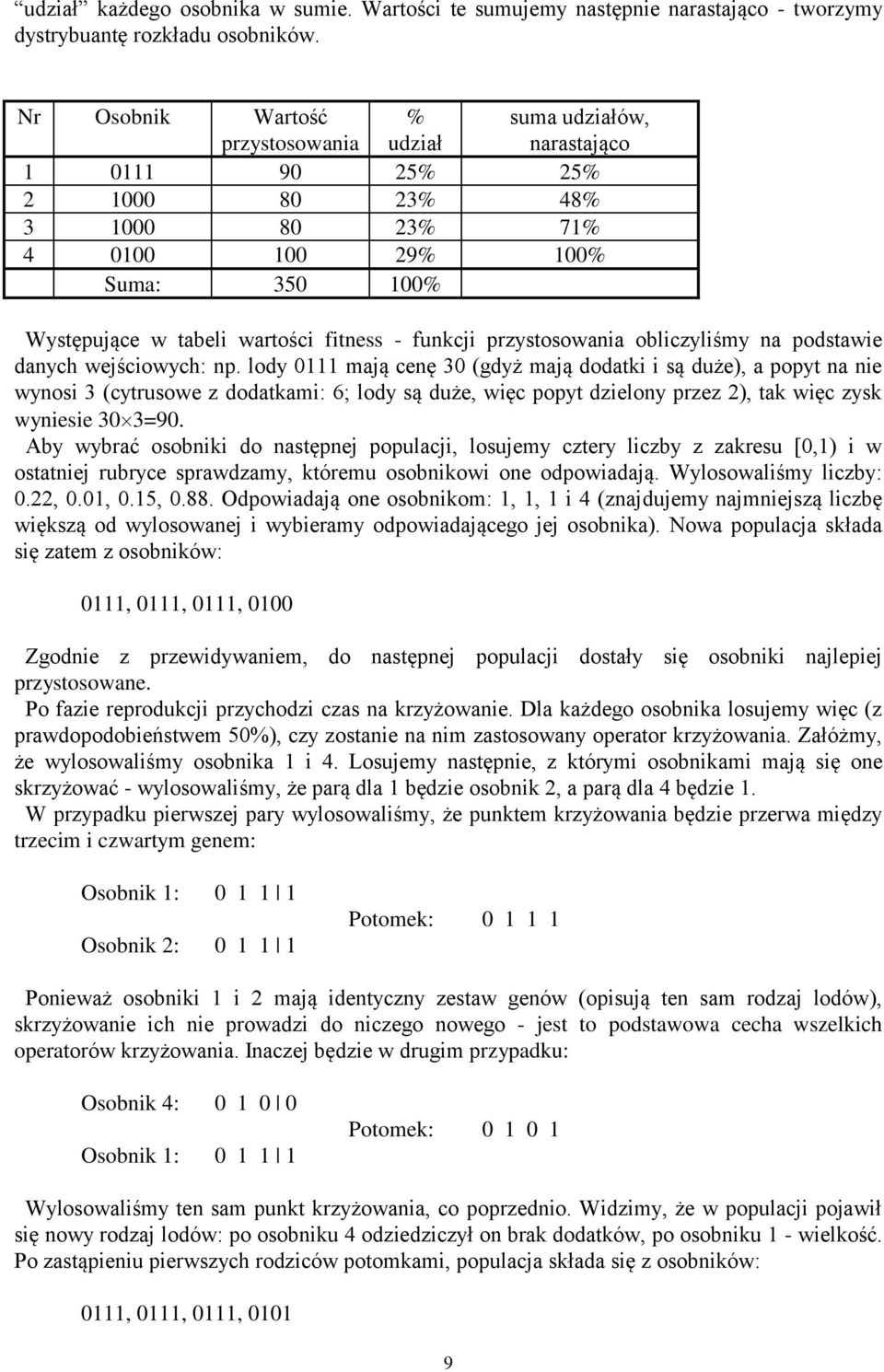 funkcji przystosowania obliczyliśmy na podstawie danych wejściowych: np.