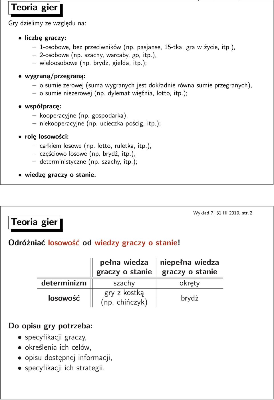 gospodarka), niekooperacyjne(np. ucieczka-pościg, itp.); rolę losowości: całkiem losowe(np. lotto, ruletka, itp.), częściowo losowe(np. brydż, itp.), deterministyczne(np. szachy, itp.