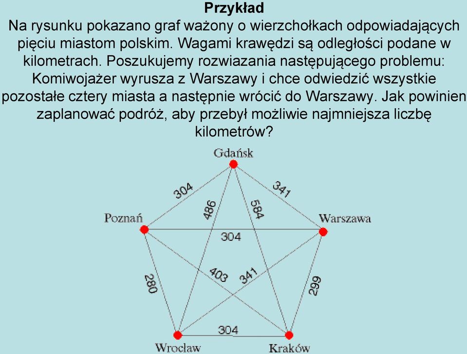 Poszukujemy rozwiazania następującego problemu: Komiwojażer wyrusza z Warszawy i chce odwiedzić