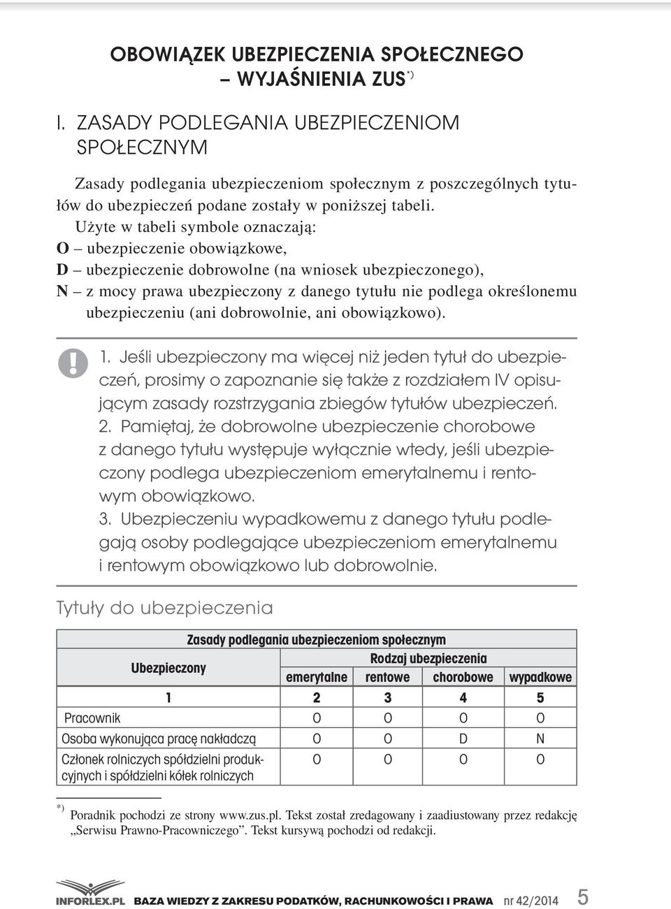 Użyte w tabeli symbole oznaczają: O ubezpieczenie obowiązkowe, D ubezpieczenie dobrowolne (na wniosek ubezpieczonego), N.