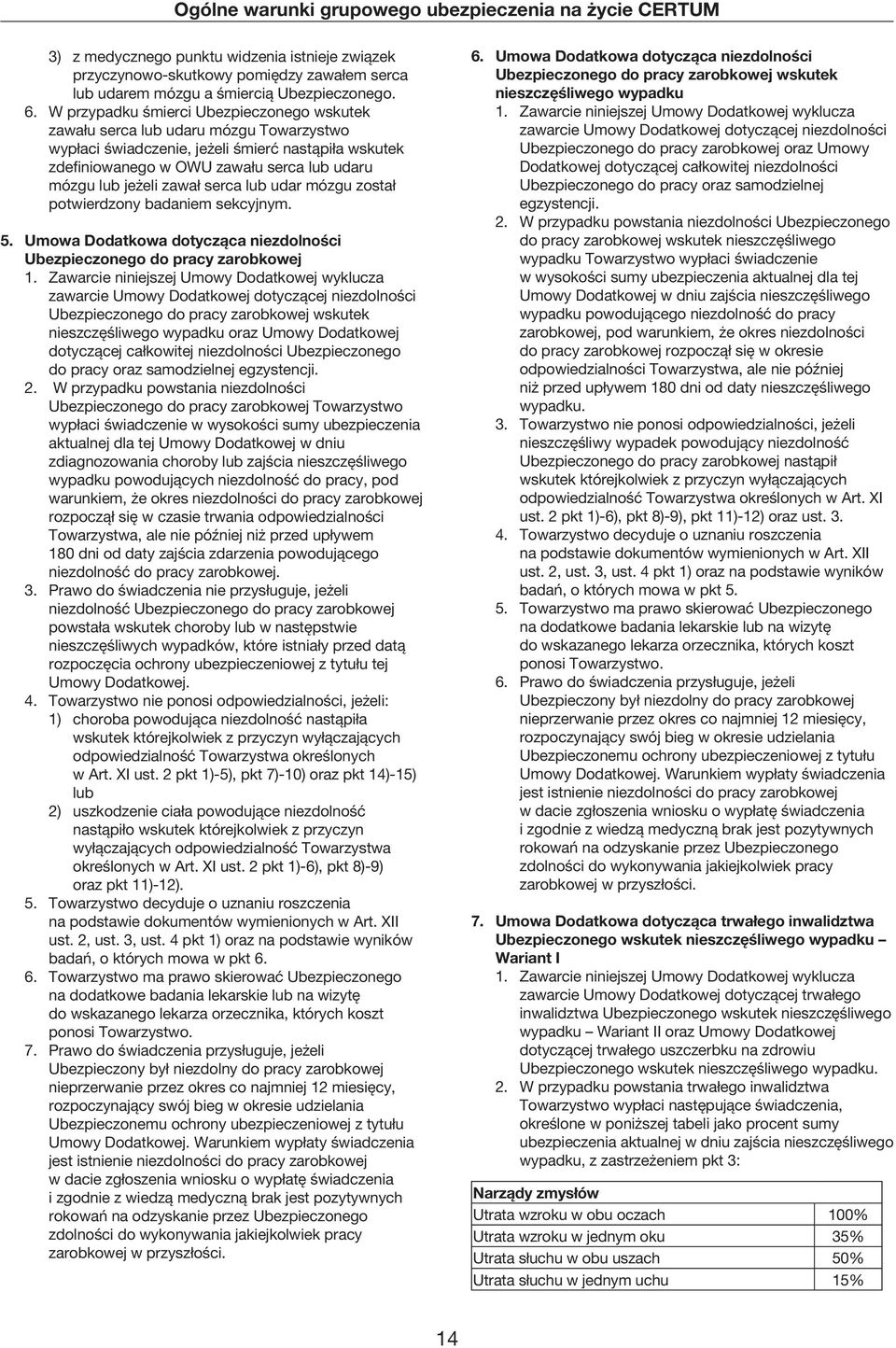 zawał serca lub udar mózgu został potwierdzony badaniem sekcyjnym. 5. Umowa Dodatkowa dotycząca niezdolności Ubezpieczonego do pracy zarobkowej 1.