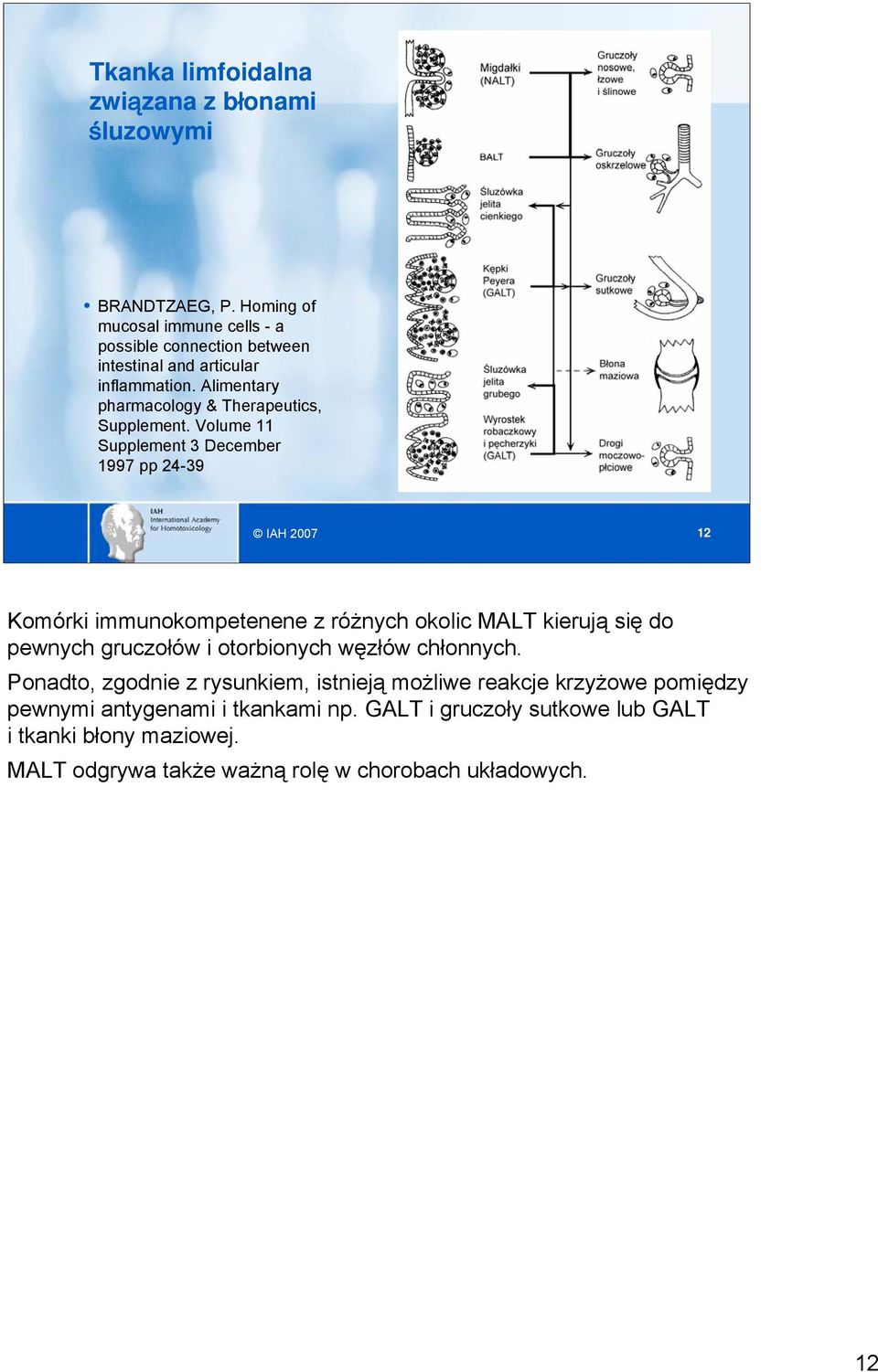 Volume 11 Supplement 3 December 1997 pp 24-39 IAH 2007 12 Komórki immunokompetenene z różnych okolic MALT kierują się do pewnych gruczołów i otorbionych