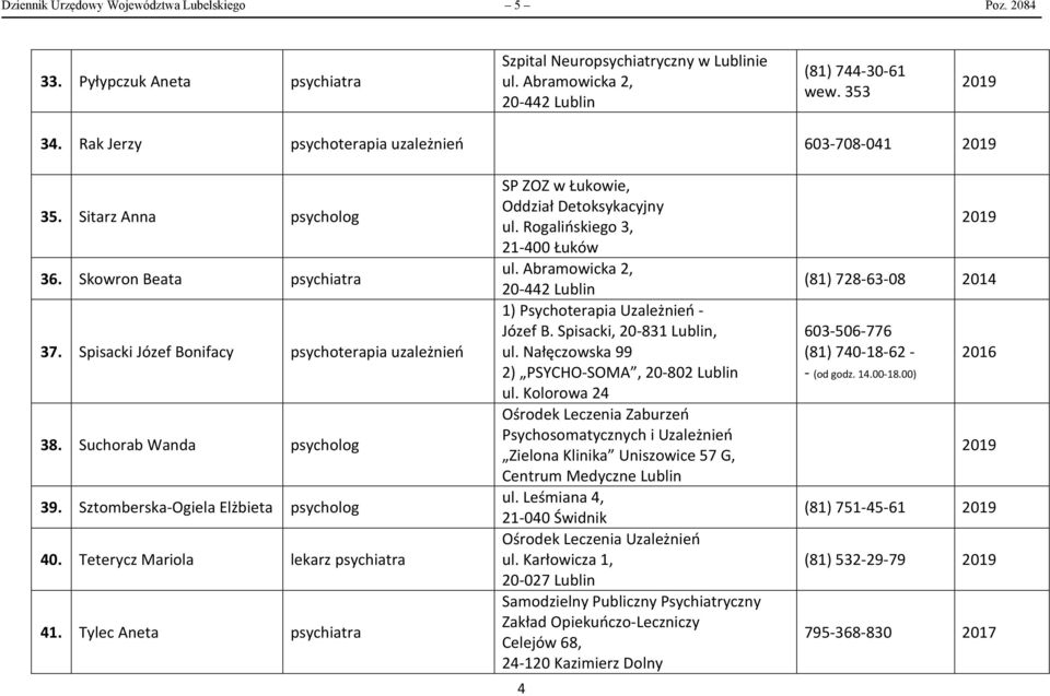 Tylec Aneta psychiatra SP ZOZ w Łukowie, Oddział Detoksykacyjny ul. Rogalińskiego 3, 21-400 Łuków 1) Psychoterapia Uzależnień - Józef B. Spisacki, 20-831 Lublin, ul.