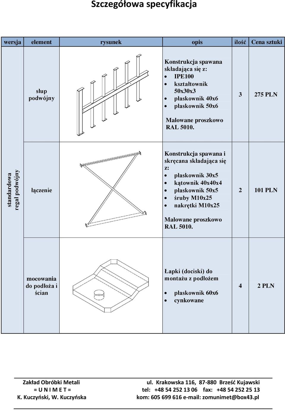 składająca się z: płaskownik 30x5 kątownik 40x40x4 płaskownik 50x5 śruby M10x25 nakrętki M10x25 2 101