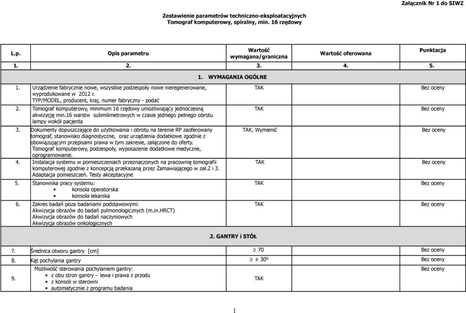 Tomograf komputerowy, minimum 16 rzędowy umożliwiający jednoczesną akwizycję min.16 warstw submilimetrowych w czasie jednego pełnego obrotu lampy wokół pacjenta 3.