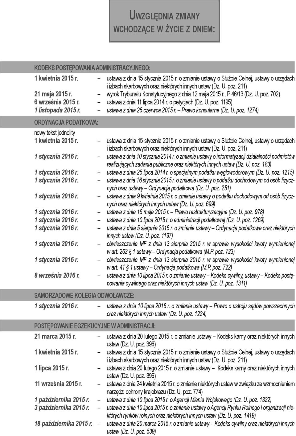 , P 46/13 (Dz. U. poz. 702) 6 września 2015 r. ustawa z dnia 11 lipca 2014 r. o petycjach (Dz. U. poz. 1195) 1 listopada 2015 r. ustawa z dnia 25 czerwca 2015 r. Prawo konsularne (Dz. U. poz. 1274) ORDYNACJA PODATKOWA: nowy tekst jednolity 1 kwietnia 2015 r.