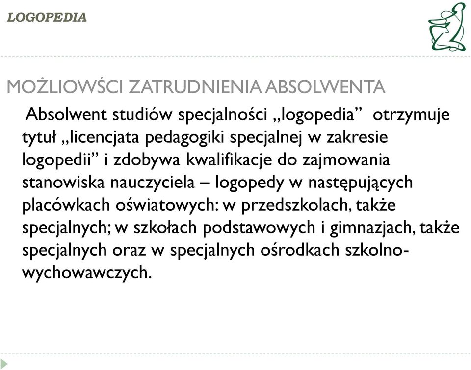 nauczyciela logopedy w następujących placówkach oświatowych: w przedszkolach, także specjalnych; w