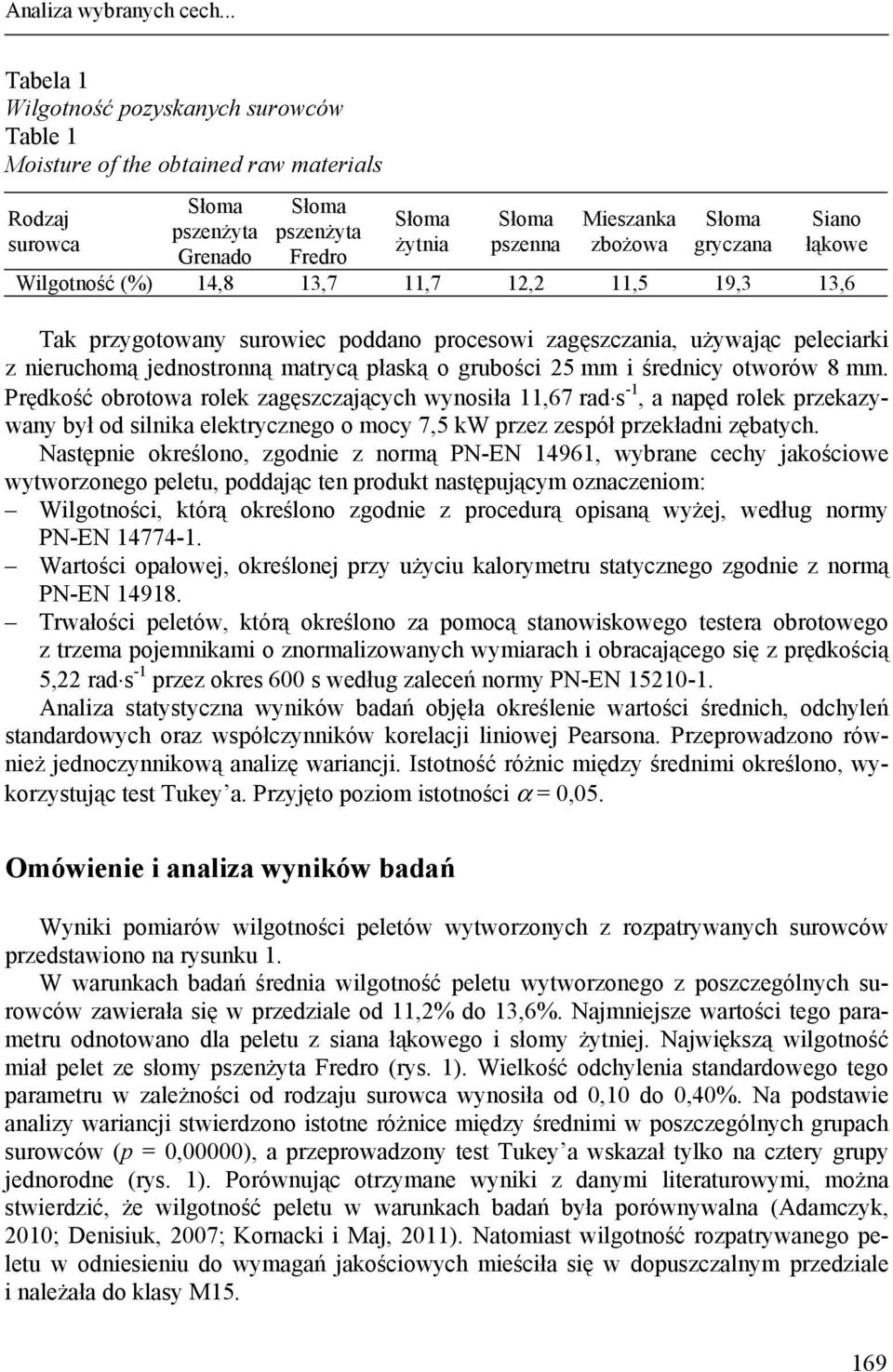 13,6 Tak przygotowany surowiec poddano procesowi zagęszczania, używając peleciarki z nieruchomą jednostronną matrycą płaską o grubości 25 mm i średnicy otworów 8 mm.