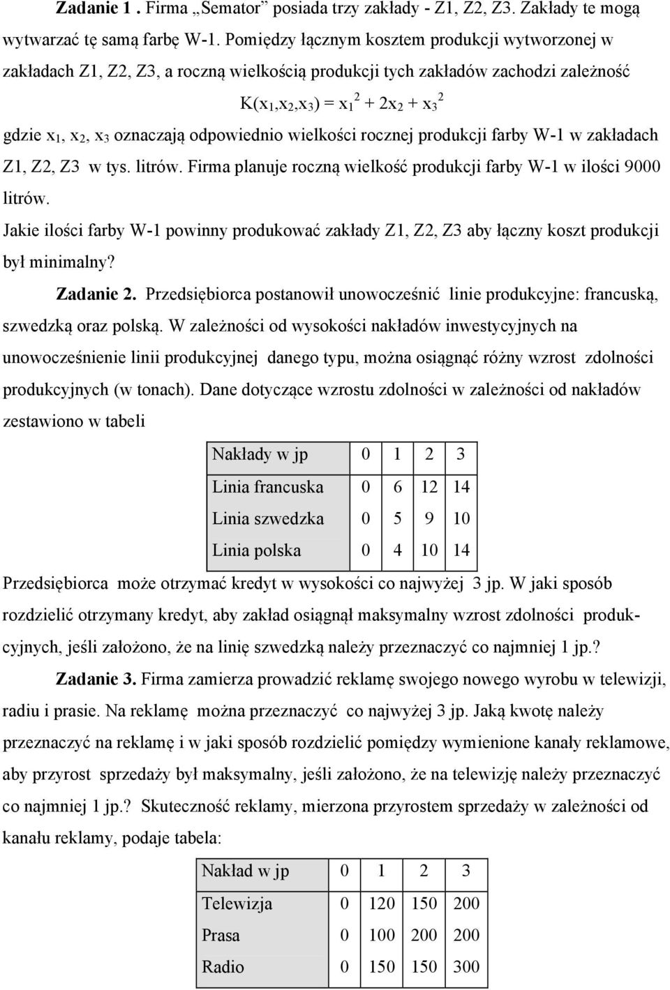 oznaczają odpowiednio wielkości rocznej produkcji farby W-1 w zakładach Z1, Z2, Z3 w tys. litrów. Firma planuje roczną wielkość produkcji farby W-1 w ilości 9000 litrów.