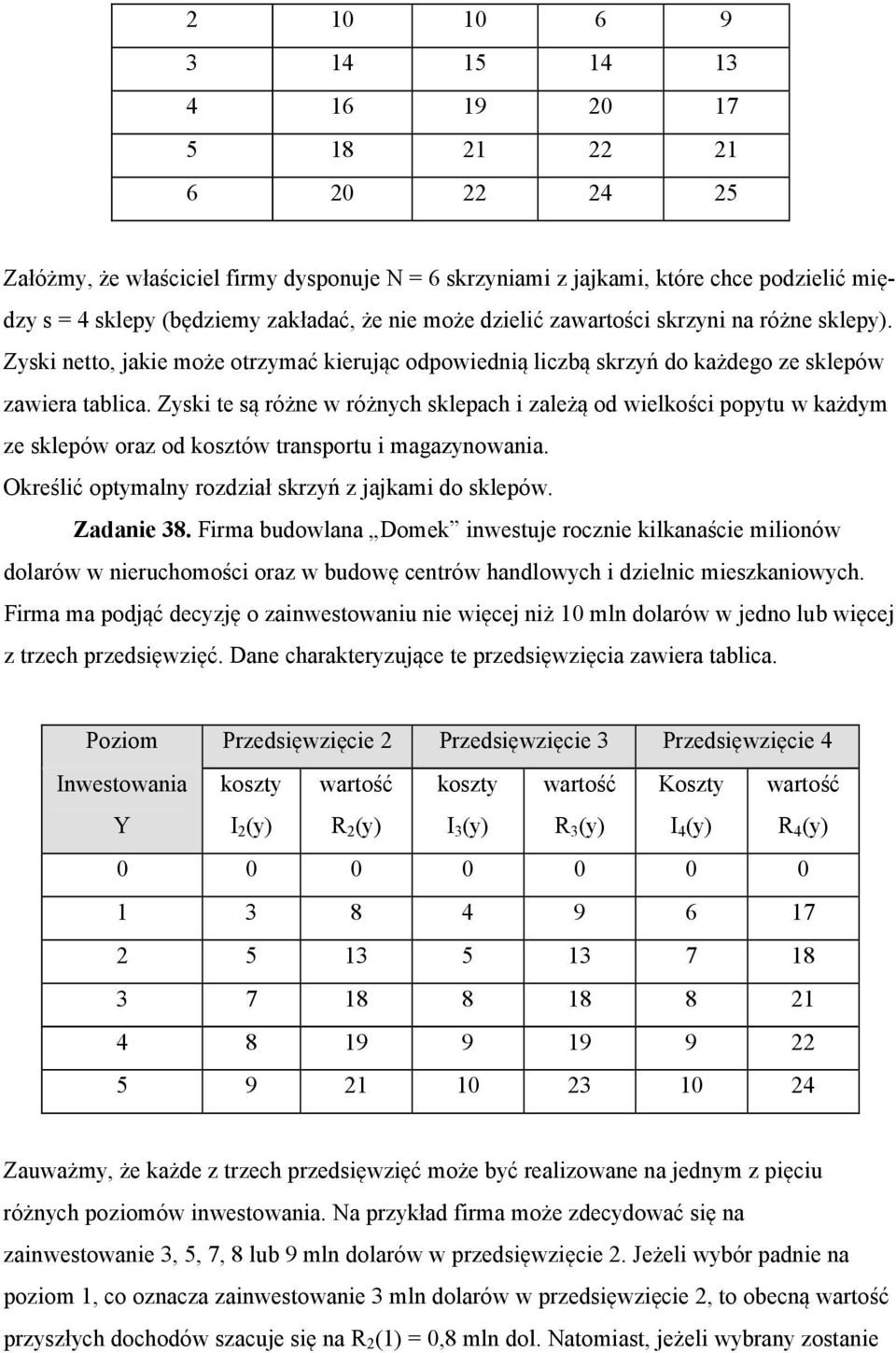Zyski te są różne w różnych sklepach i zależą od wielkości popytu w każdym ze sklepów oraz od kosztów transportu i magazynowania. Określić optymalny rozdział skrzyń z jajkami do sklepów. Zadanie 38.