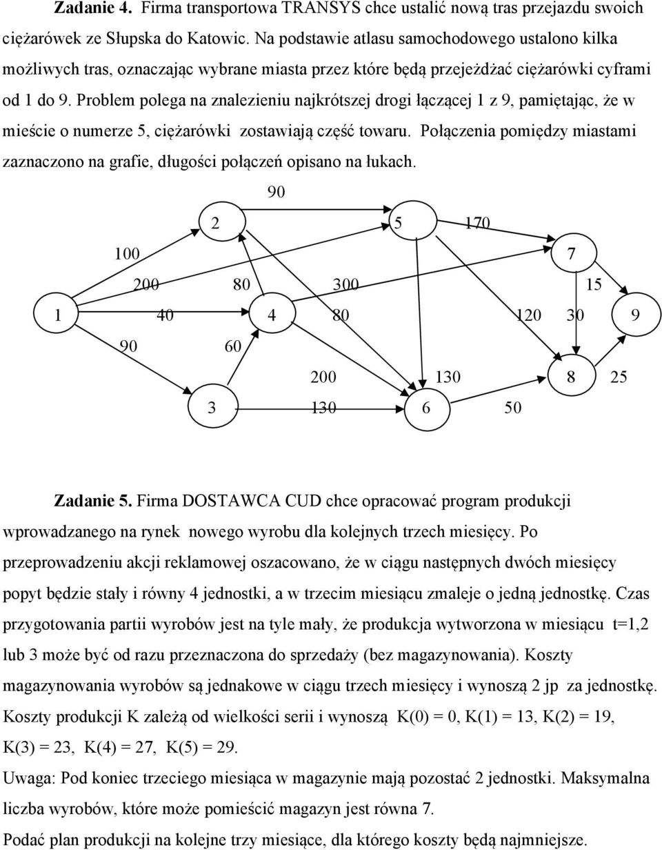 Problem polega na znalezieniu najkrótszej drogi łączącej 1 z 9, pamiętając, że w mieście o numerze 5, ciężarówki zostawiają część towaru.