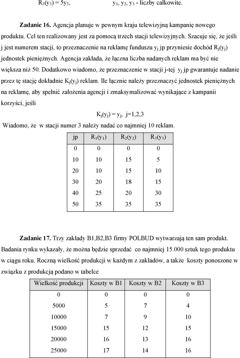 Agencja zakłada, że łączna liczba nadanych reklam ma być nie większa niż 50. Dodatkowo wiadomo, że przeznaczenie w stacji j-tej y j jp gwarantuje nadanie przez tę stację dokładnie K j (y j ) reklam.