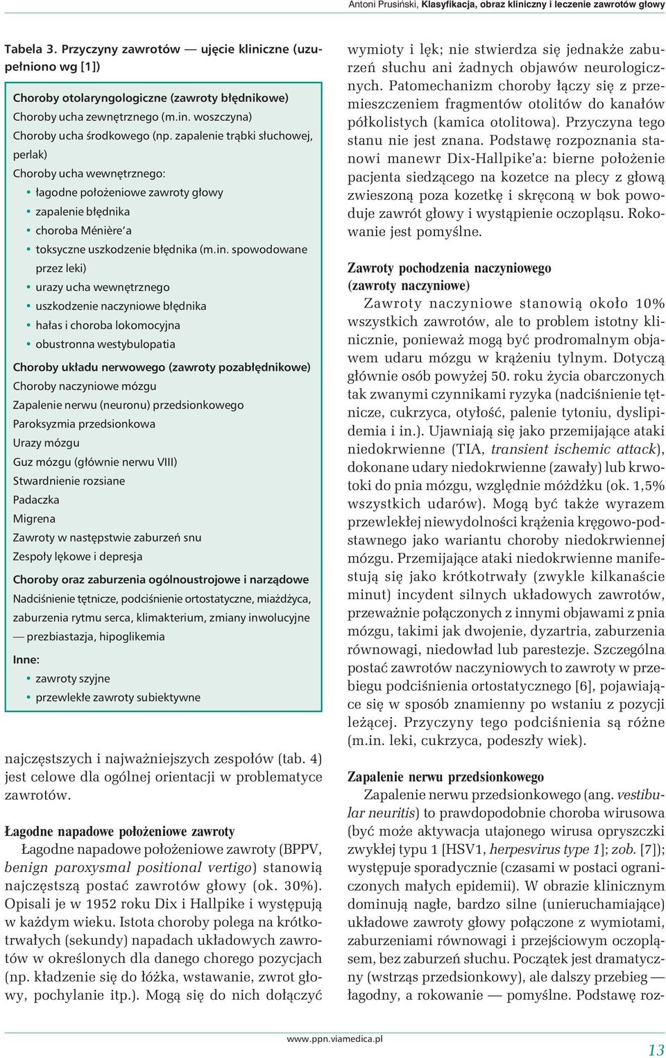 zapalenie trąbki słuchowej, perlak) Choroby ucha wewnętrznego: łagodne położeniowe zawroty głowy zapalenie błędnika choroba Ménière a toksyczne uszkodzenie błędnika (m.in.