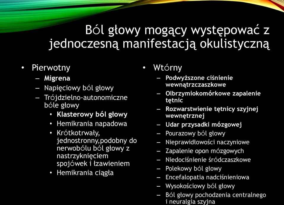 wewnątrzczaszkowe Olbrzymiokomórkowe zapalenie tętnic Rozwarstwienie tętnicy szyjnej wewnętrznej Udar przysadki mózgowej Pourazowy ból głowy Nieprawidłowości naczyniowe