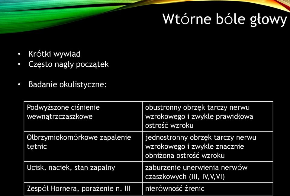 III obustronny obrzęk tarczy nerwu wzrokowego i zwykle prawidłowa ostrość wzroku jednostronny obrzęk tarczy