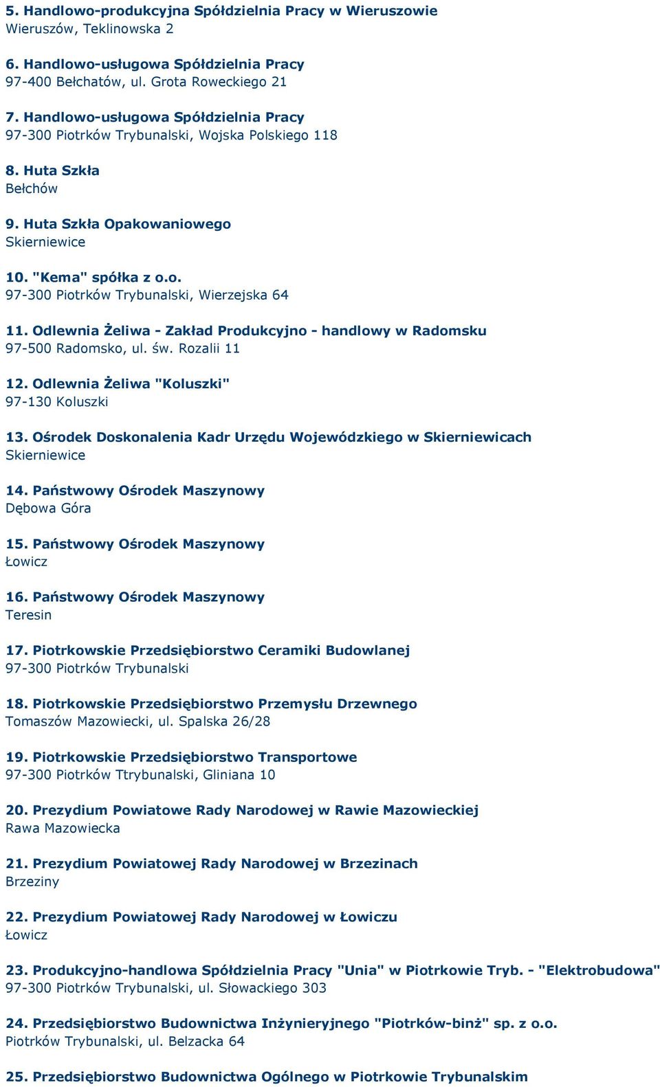 Odlewnia Żeliwa - Zakład Produkcyjno - handlowy w Radomsku 97-500 Radomsko, ul. św. Rozalii 11 12. Odlewnia Żeliwa "Koluszki" 97-130 Koluszki 13.
