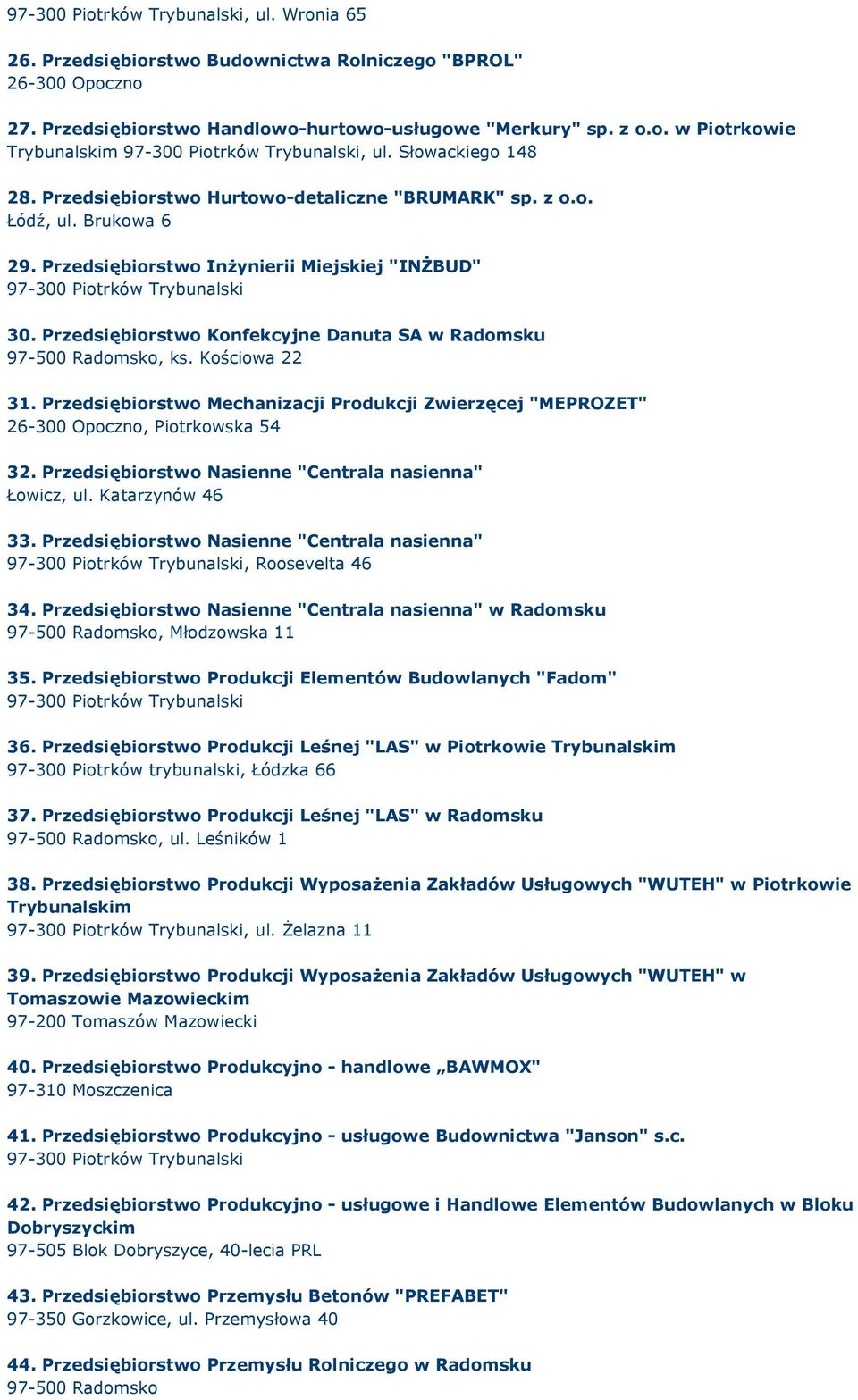 Przedsiębiorstwo Konfekcyjne Danuta SA w Radomsku 97-500 Radomsko, ks. Kościowa 22 31. Przedsiębiorstwo Mechanizacji Produkcji Zwierzęcej "MEPROZET" 26-300 Opoczno, Piotrkowska 54 32.