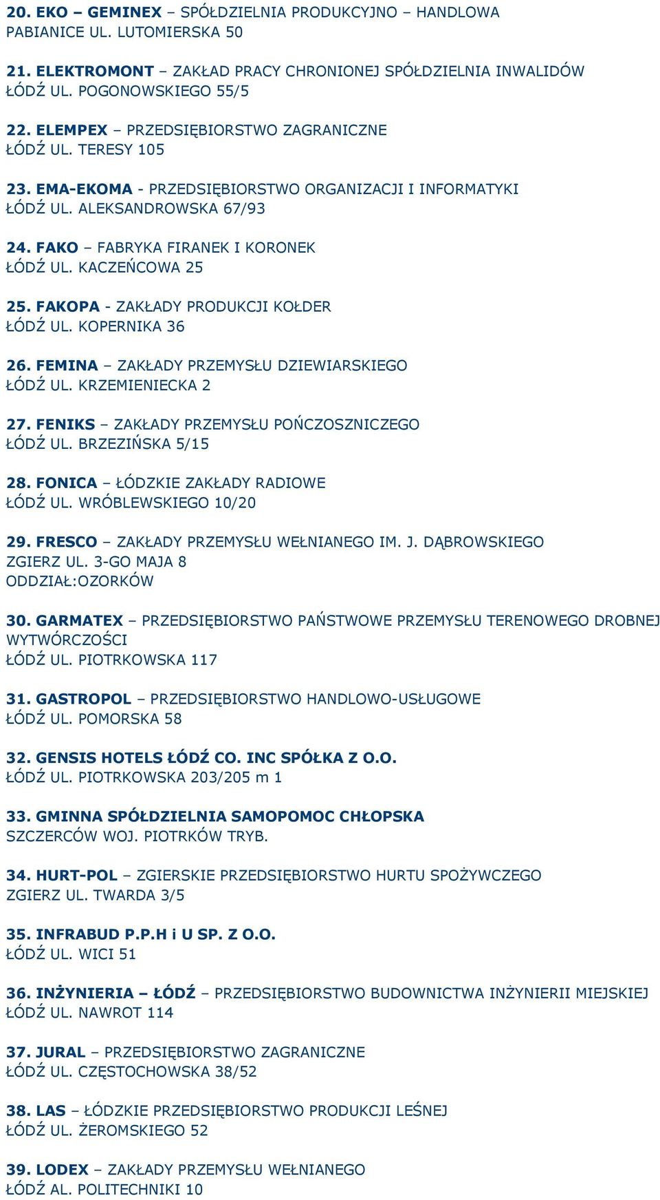 KACZEŃCOWA 25 25. FAKOPA - ZAKŁADY PRODUKCJI KOŁDER ŁÓDŹ UL. KOPERNIKA 36 26. FEMINA ZAKŁADY PRZEMYSŁU DZIEWIARSKIEGO ŁÓDŹ UL. KRZEMIENIECKA 2 27. FENIKS ZAKŁADY PRZEMYSŁU POŃCZOSZNICZEGO ŁÓDŹ UL.