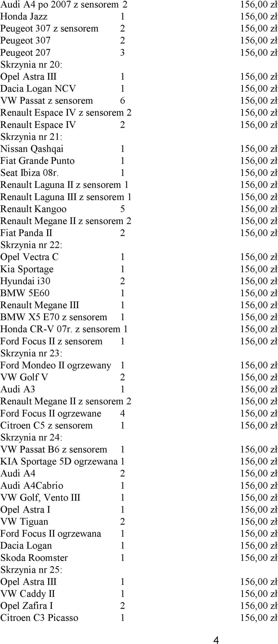 1 Renault Laguna II z sensorem 1 Renault Laguna III z sensorem 1 Renault Kangoo 5 Renault Megane II z sensorem 2 Fiat Panda II 2 Skrzynia nr 22: Opel Vectra C 1 Kia Sportage 1 Hyundai i30 2 BMW 5E60