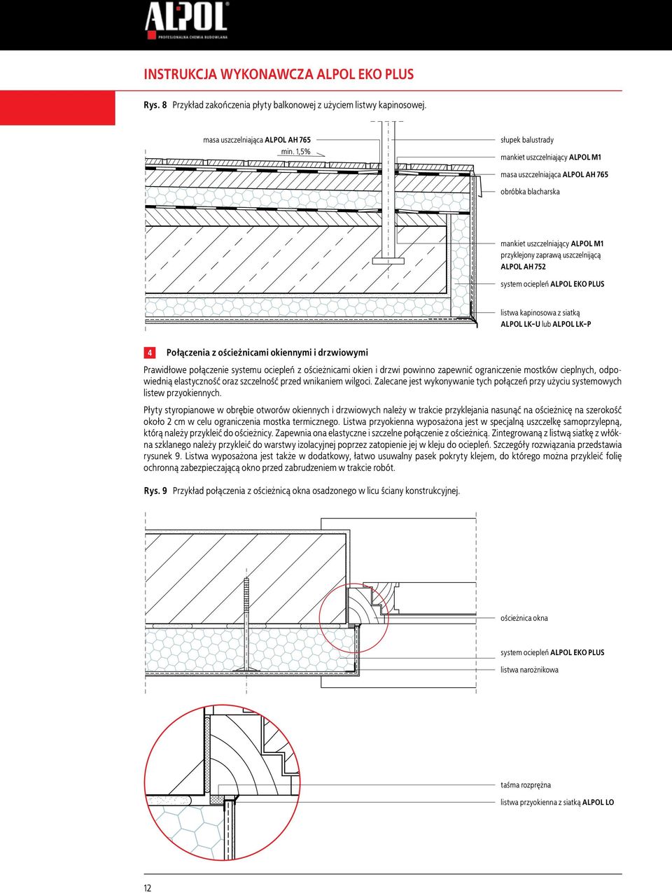 ociepleń ALPOL EKO PLUS listwa kapinosowa z siatką ALPOL LK-U lub ALPOL LK-P 4 Połączenia z ościeżnicami okiennymi i drzwiowymi Prawidłowe połączenie systemu ociepleń z ościeżnicami okien i drzwi