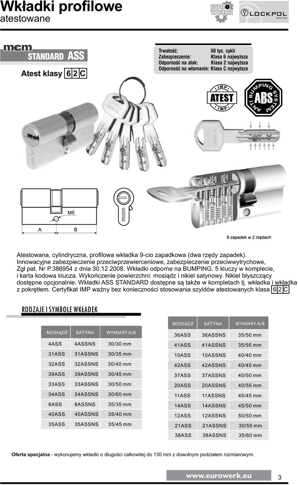 Innowacyjne zabezpieczenie przeciwprzewierceniowe, zabezpieczenie przeciwwytrychowe, Zgł pat. Nr P.386954 z dnia 30.12.2008. Wkładki odporne na BUMPING. 5 kluczy w komplecie, i karta kodowa klucza.