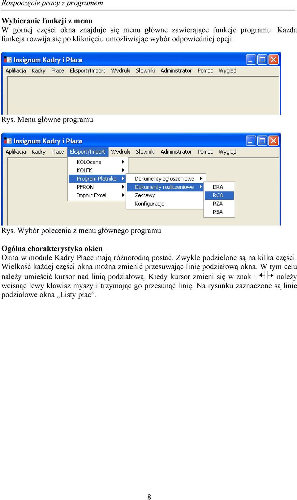 Wybór polecenia z menu głównego programu Ogólna charakterystyka okien Okna w module Kadry Płace mają różnorodną postać. Zwykle podzielone są na kilka części.