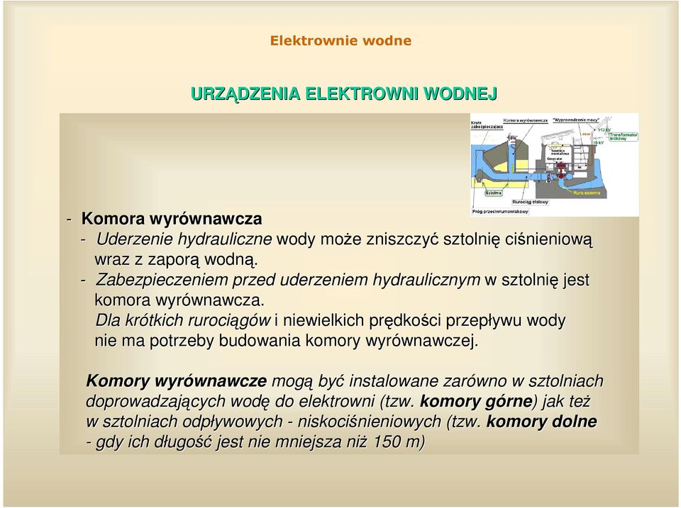 Dla krótkich rurocigów i niewielkich prdkoci przepływu wody nie ma potrzeby budowania komory wyrównawczej.