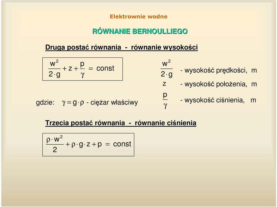 - wysoko prdkoci, m - wysoko połoenia, m - wysoko cinienia, m