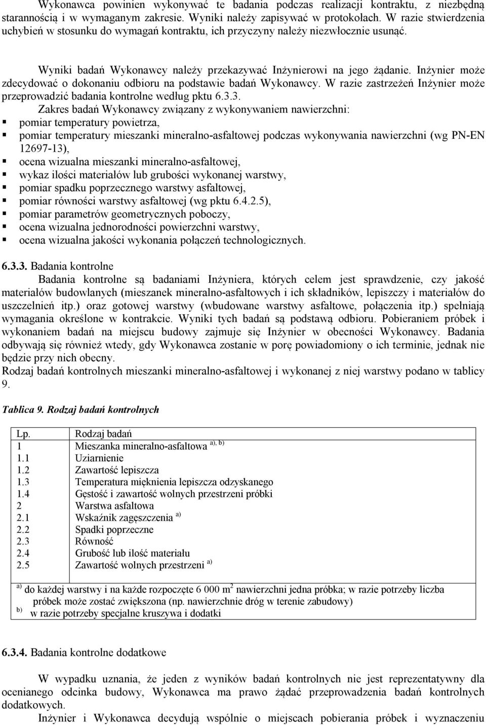 Inżynier może zdecydować o dokonaniu odbioru na podstawie badań Wykonawcy. W razie zastrzeżeń Inżynier może przeprowadzić badania kontrolne według pktu 6.3.