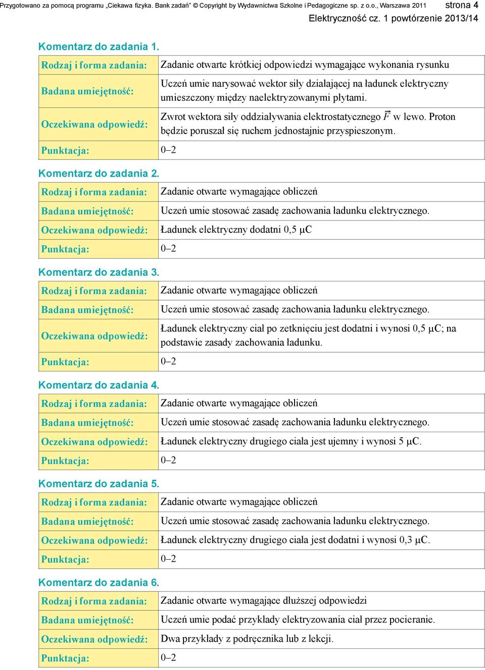 Zwrot wektora siły oddziaływania elektrostatycznego w lewo. Proton będzie poruszał się ruchem jednostajnie przyspieszonym. Ładunek elektryczny dodatni 0,5 µc Komentarz do zadania 3.