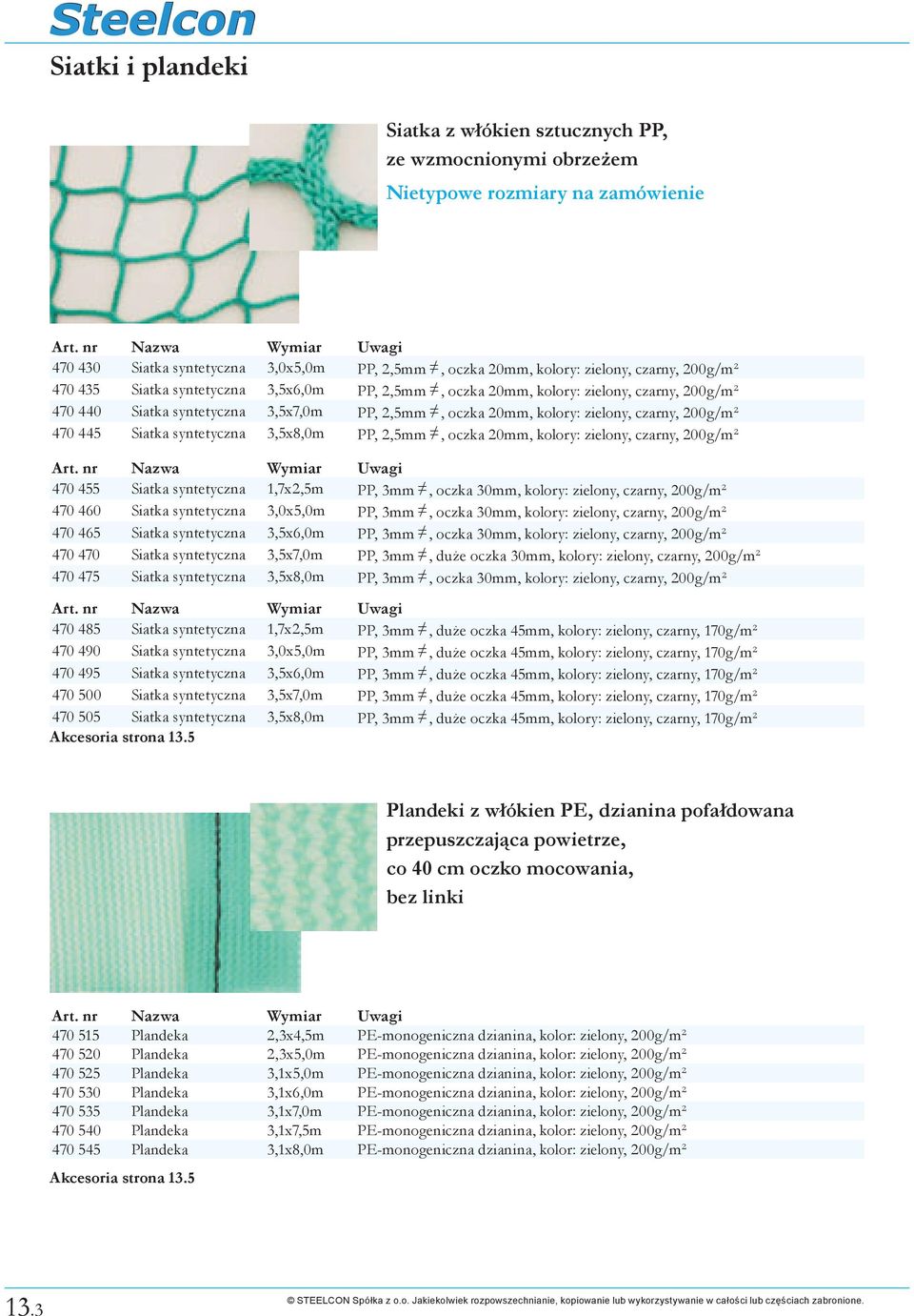 2,5mm, oczka 20mm, kolory: zielony, czarny, 200g/m² 470 455 Siatka syntetyczna 1,7x2,5m PP, 3mm, oczka 30mm, kolory: zielony, czarny, 200g/m² 470 460 Siatka syntetyczna 3,0x5,0m PP, 3mm, oczka 30mm,