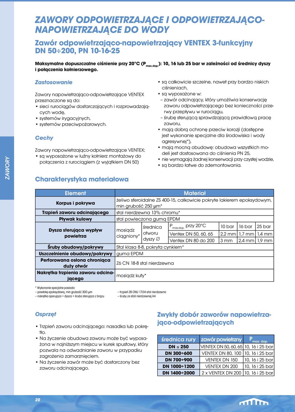 ZAWORY Zastosowanie Zawory napowietrzająco-odpowietrzające VENTEX przeznaczone są do: sieci rurociągów dostarczających i rozprowadzających wodę, systemów irygacyjnych, systemów przeciwpożarowych.