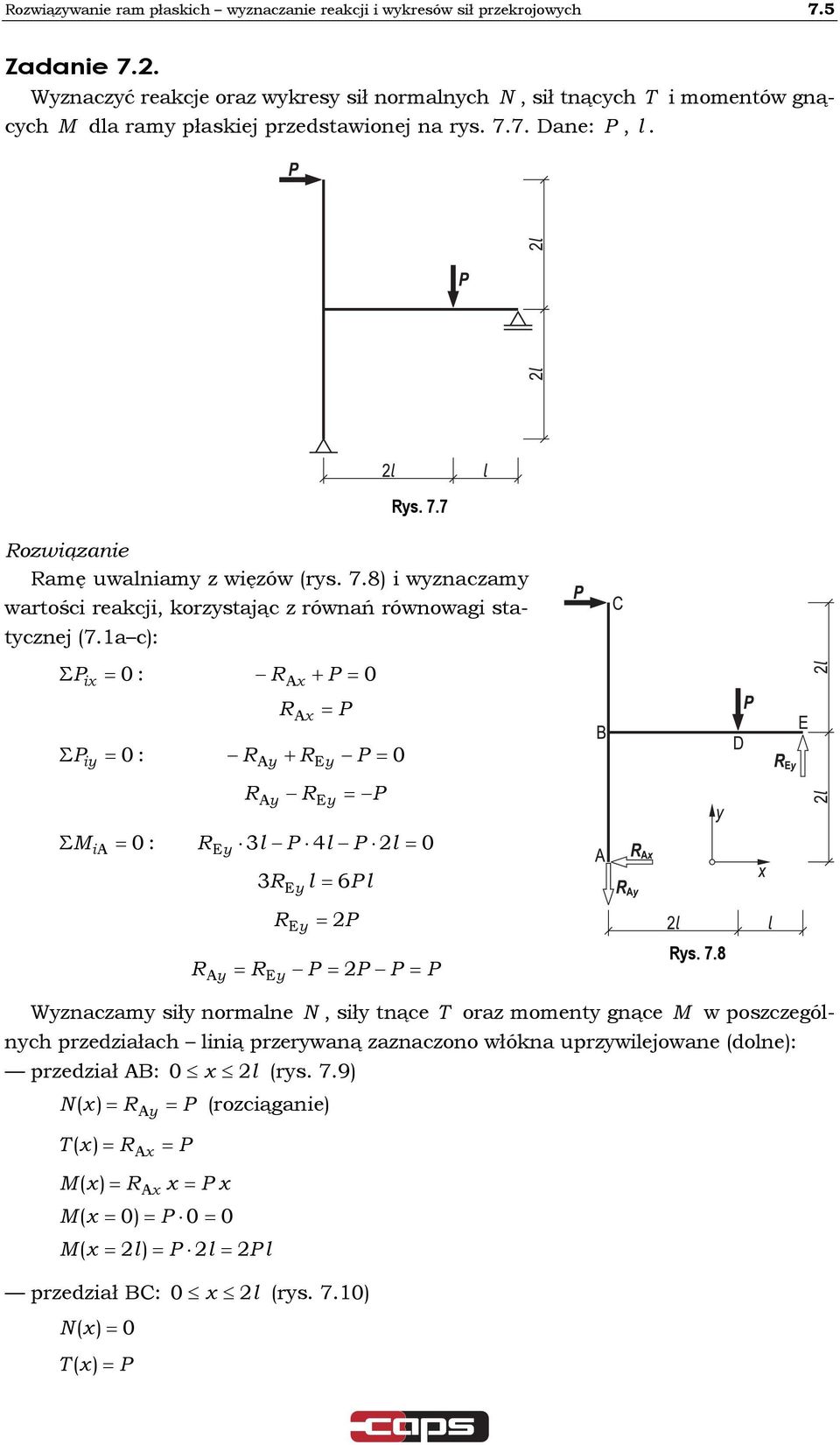 7. Dane:,. s. 7.7 ozwiązanie amę uwaniam z więzów rs. 7.8 i wznaczam wartości reakcji, korzstając z równań równowagi statcznej 7.