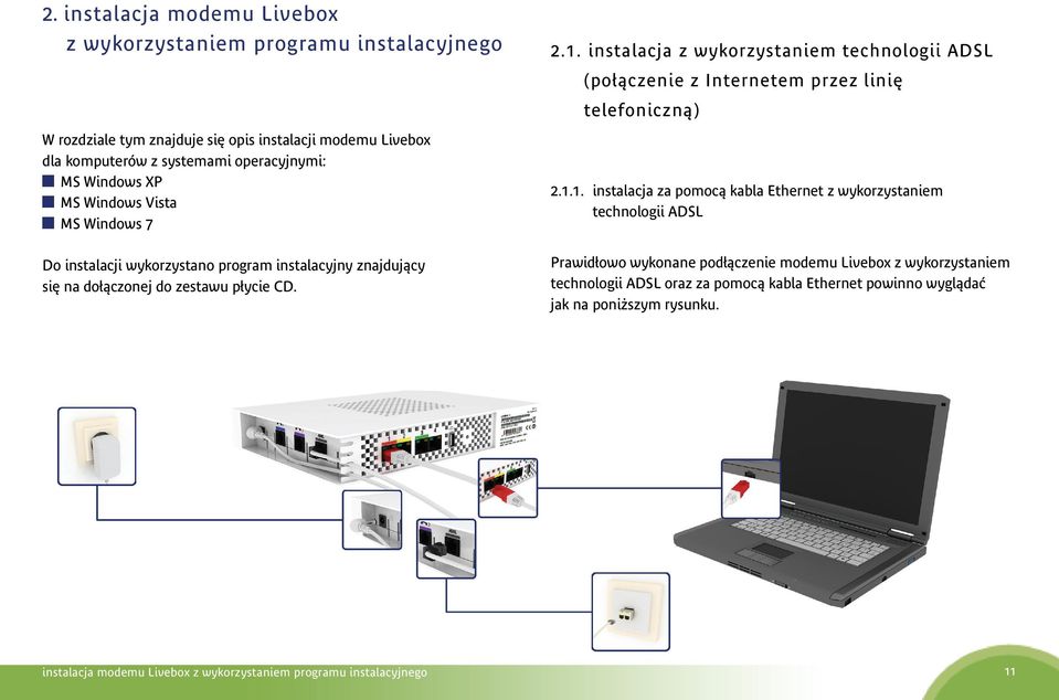 instalacja z wykorzystaniem technologii ADSL (połączenie z Internetem przez linię telefoniczną) 2.1.