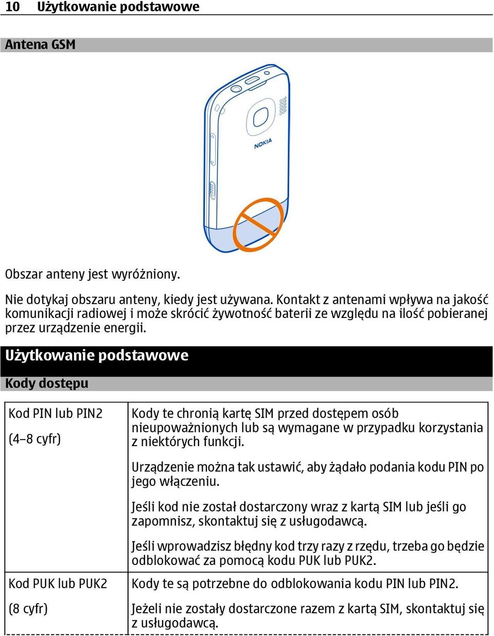 Użytkowanie podstawowe Kody dostępu Kod PIN lub PIN2 (4 8 cyfr) Kod PUK lub PUK2 (8 cyfr) Kody te chronią kartę SIM przed dostępem osób nieupoważnionych lub są wymagane w przypadku korzystania z