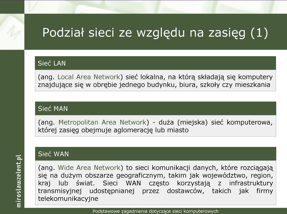 Metropolitan Area Network) - duża (miejska) sieć komputerowa, której zasięg obejmuje aglomerację lub miasto Sieć WAN (ang.