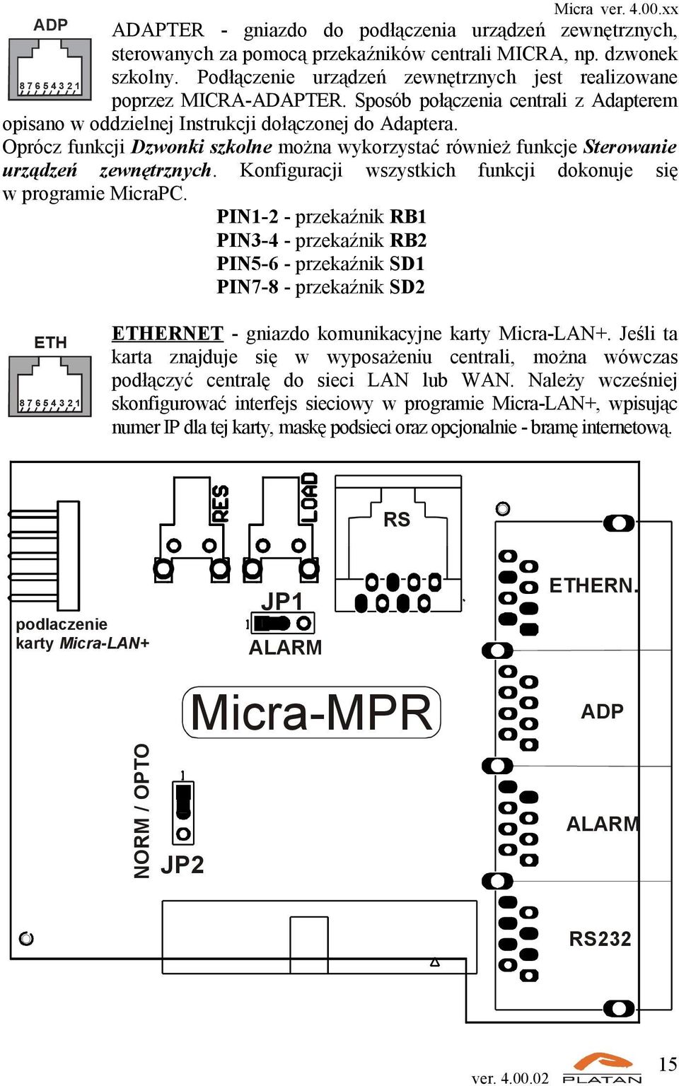 Oprócz funkcji Dzwonki szkolne można wykorzystać również funkcje Sterowanie urządzeń zewnętrznych. Konfiguracji wszystkich funkcji dokonuje się w programie MicraPC.