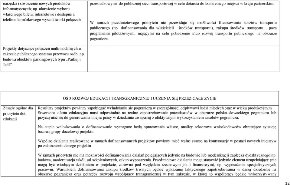 kraju partnerskim. W ramach przedmiotowego priorytetu nie przewiduje się możliwości finansowania kosztów transportu publicznego (np.
