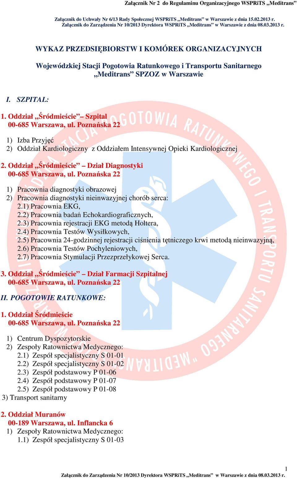 Oddział Śródmieście Szpital 1) Izba Przyjęć 2) Oddział Kardiologiczny z Oddziałem Intensywnej Opieki Kardiologicznej 2.