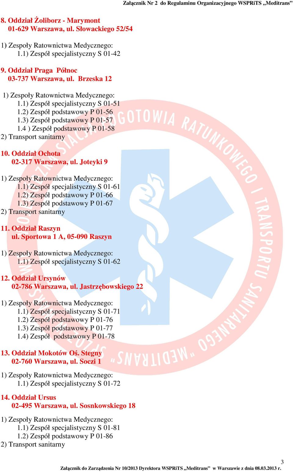 2) Zespół podstawowy P 01-66 1.3) Zespół podstawowy P 01-67 11. Oddział Raszyn ul. Sportowa 1 A, 05-090 Raszyn 1.1) Zespół specjalistyczny S 01-62 12. Oddział Ursynów 02-786 Warszawa, ul.