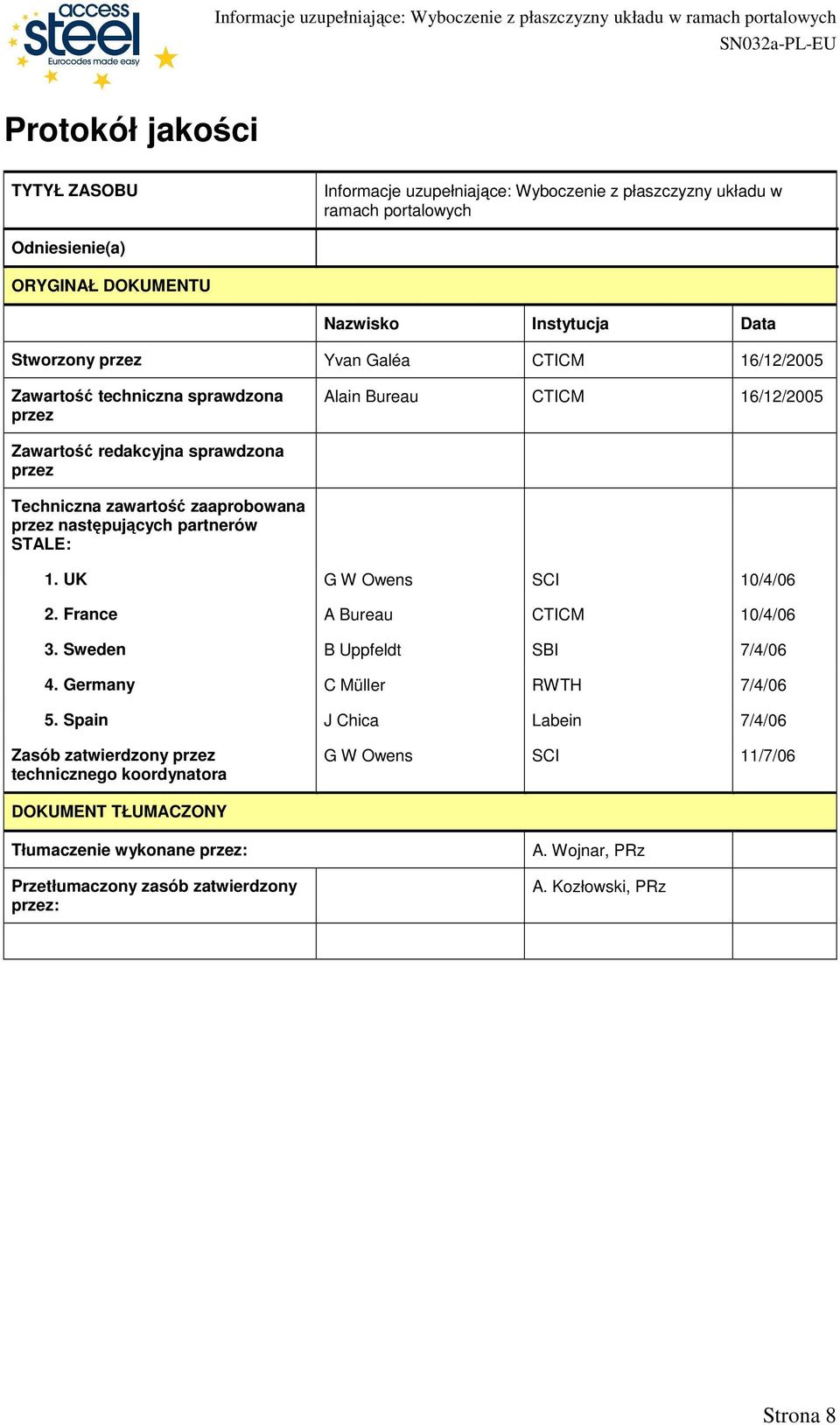 następujących partnerów STALE: 1. UK G W Owens SCI 10/4/06 2. France A Bureau CTIC 10/4/06 3. Sweden B Uppfeldt SBI 7/4/06 4. Germany C üller RWTH 7/4/06 5.