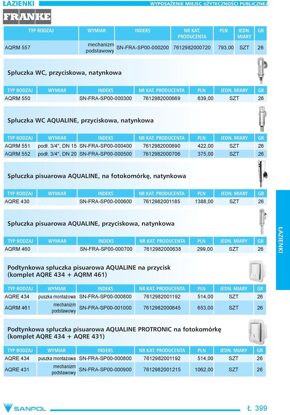 3/4", DN 20 SN-FRA-SP00-000500 7612982000706 375,00 SZT 26 Spłuczka pisuarowa AQUALINE, na fotokomórkę, natynkowa AQRE 430 SN-FRA-SP00-000600 7612982001185 1388,00 SZT 26 Spłuczka pisuarowa AQUALINE,