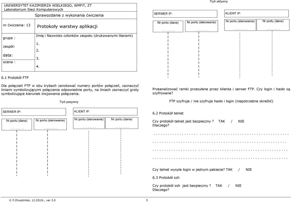 1 Protokół FTP Dla połączeń FTP w obu trybach zanotować numery portów połączeń, zaznaczyć liniami symbolizującymi połączenia odpowiednie porty, na liniach zaznaczyć groty symbolizujące kierunek