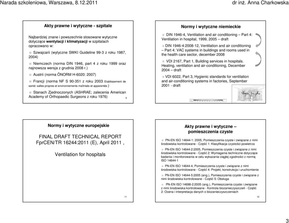 ) Austrii (norma ÖNORM H-6020: 2007) Francji (norma NF S 90-351 z roku 2003: Etablissement de santé: salles propres et environnements maîtrisés et apparentés ) Stanach Zjednoczonych (ASHRAE;