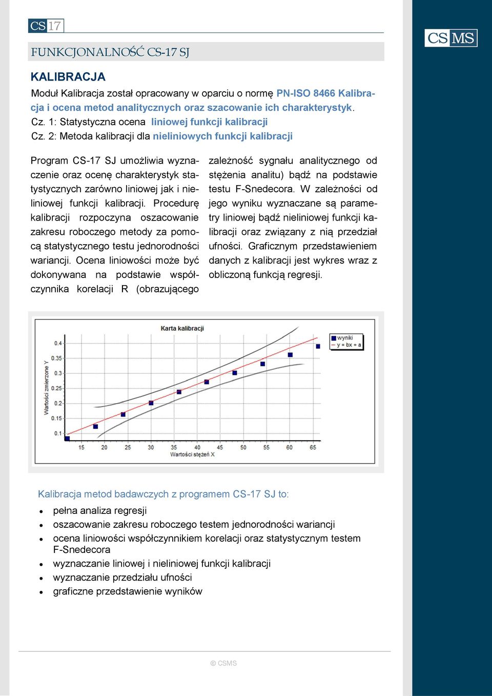 2: Metoda kalibracji dla nieliniowych funkcji kalibracji Program CS-17 SJ umożliwia wyznaczenie oraz ocenę charakterystyk statystycznych zarówno liniowej jak i nieliniowej funkcji kalibracji.