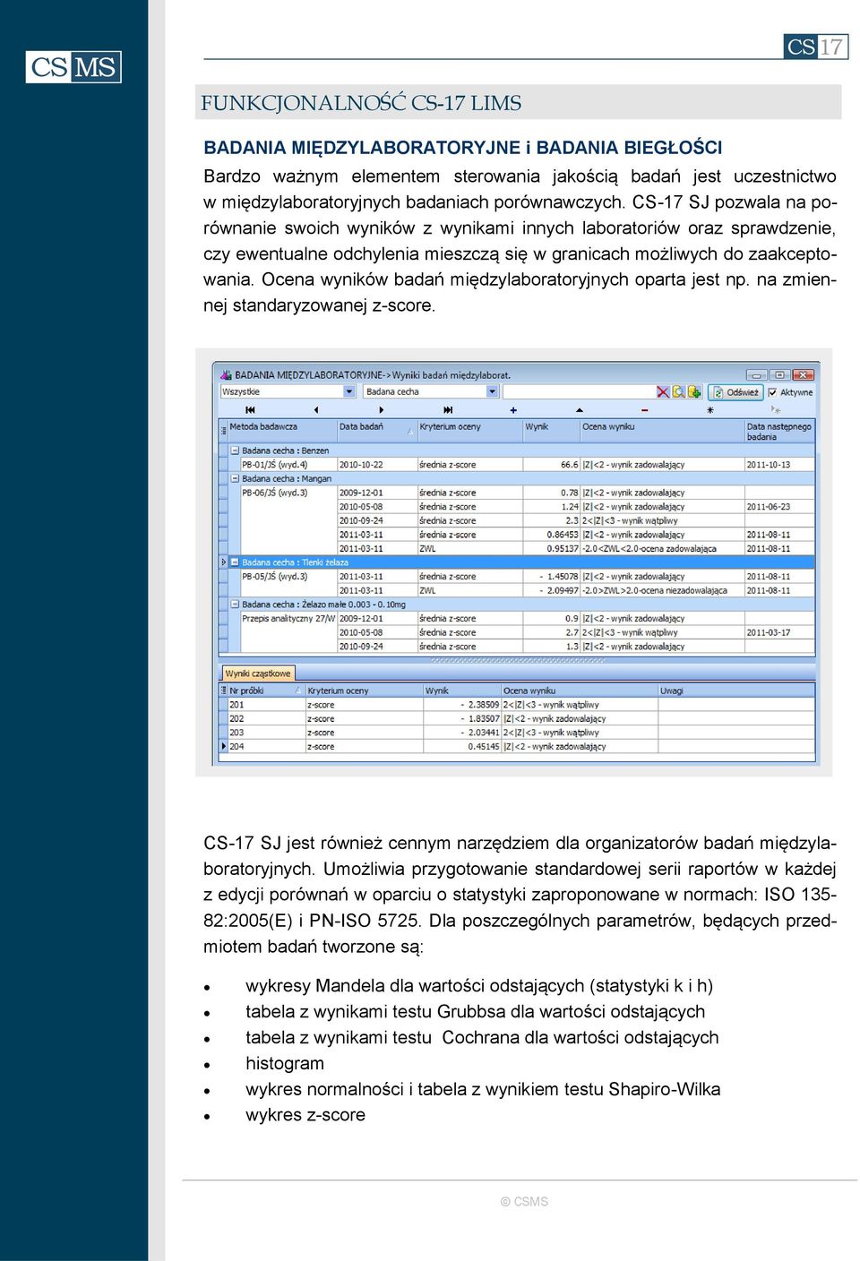 Ocena wyników badań międzylaboratoryjnych oparta jest np. na zmiennej standaryzowanej z-score. CS-17 SJ jest również cennym narzędziem dla organizatorów badań międzylaboratoryjnych.