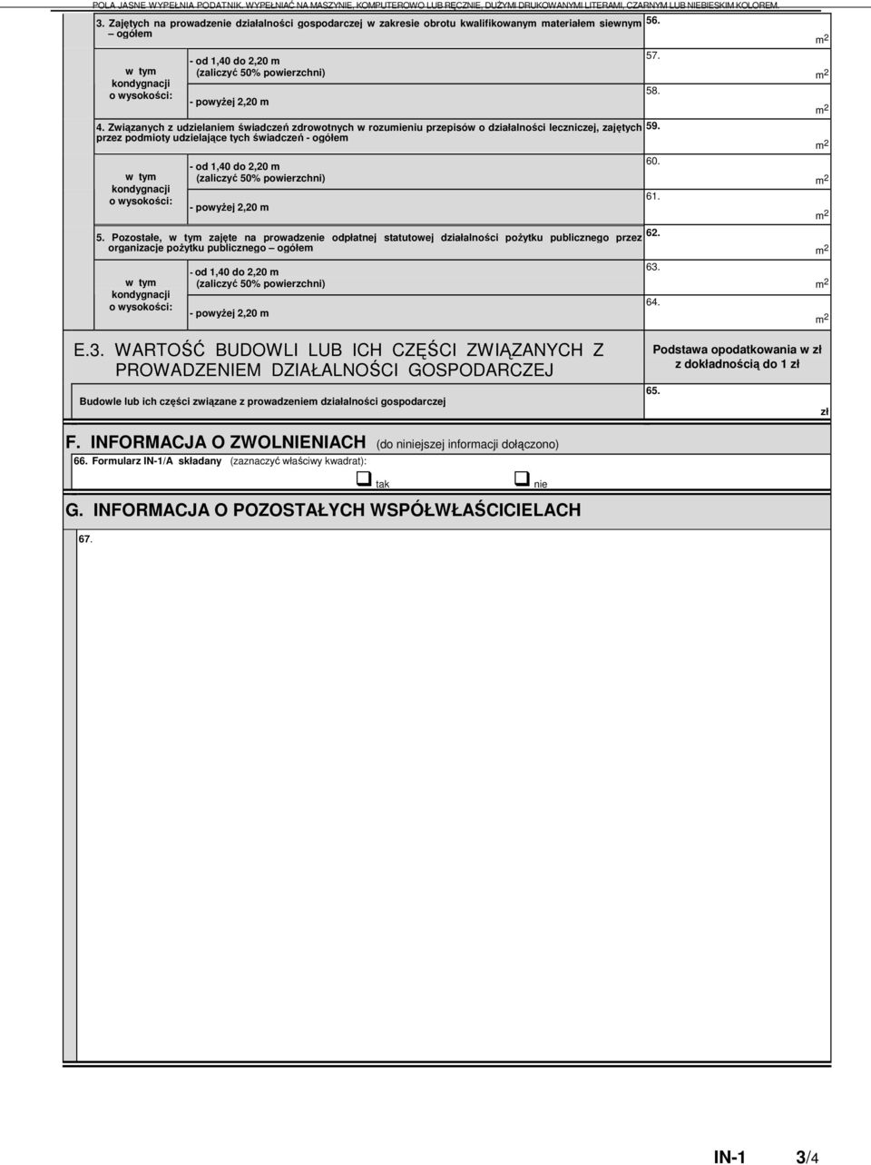 Pozostałe, zajęte na prowadzenie odpłatnej statutowej działalności pożytku publicznego przez organizacje pożytku publicznego ogółem - od 1,40 do 2,20 m 56. 57. 58. 59. 60. 61. 62. 63.