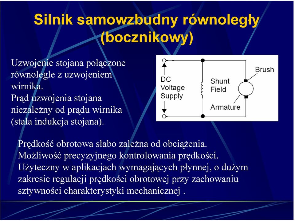 (bocznikowy) Prędkość obrotowa słabo zależna od obciążenia. Możliwość precyzyjnego kontrolowania prędkości.