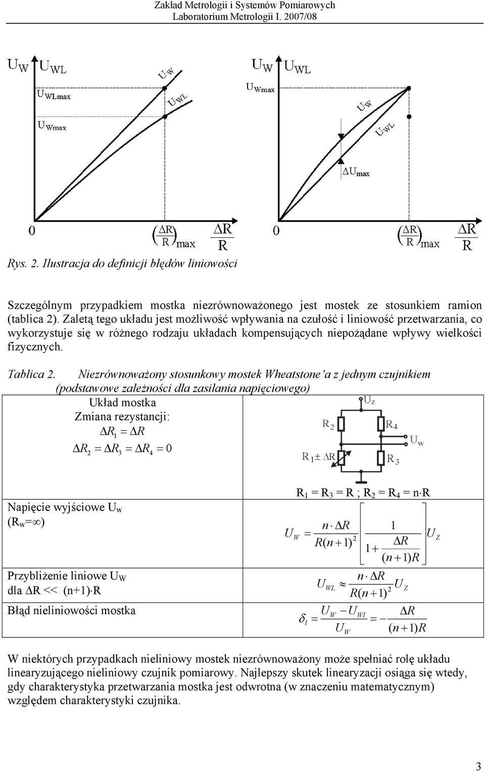 Niezrównoważony stosunkowy mostek Wheatstone a z jednym czujnikiem (podstawowe zależności dla zasilania napięciowego) kład mostka miana rezystancji: 1 0 2 3 4 Napięcie wyjściowe w ( w ) Przybliżenie