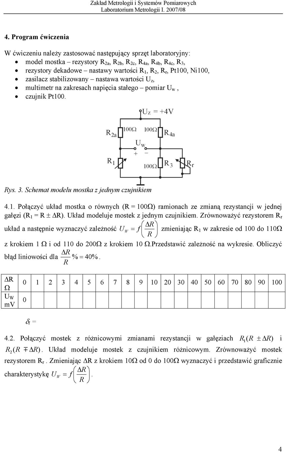 0. ys. 3. Schemat modelu mostka z jednym czujnikiem 4.1. Połączyć układ mostka o równych ( 100) ramionach ze zmianą rezystancji w jednej gałęzi ( 1 ± ). kład modeluje mostek z jednym czujnikiem.